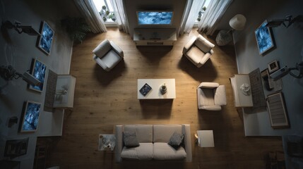 Fototapeta premium Overhead shot of a living room monitored by CCTV cameras