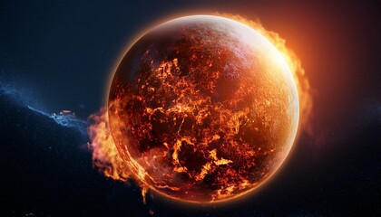 fiery planet with dramatic eruptions and glowing particles creating an intense atmospheric effect