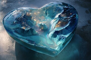 Heart-shaped crystal with oceanic textures and glowing lights  