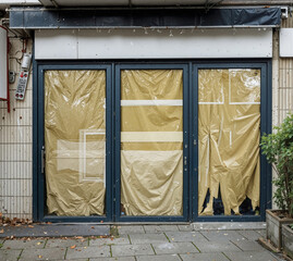 closed shop front, store front locked up with paper in window.