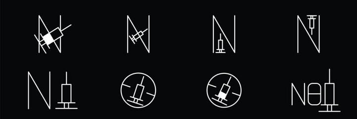 No syringe, hormones, antibiotic, drugs icons set. No injection symbol. Vector stock illustration isolated on black background for design template medical, pharmacy, hospital. Editable stroke line.