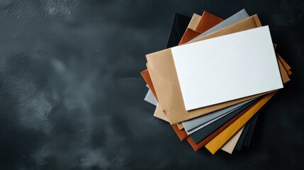 Postal workspace with stack of paper envelopes on a black table, overhead view and text space