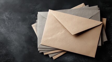 Postal workspace with stack of paper envelopes on a black table, overhead view and text space