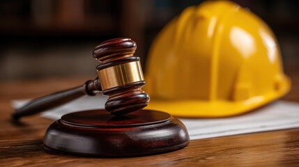 Obraz premium Stunning photo of close up of a gavel and a hard hat on a table.