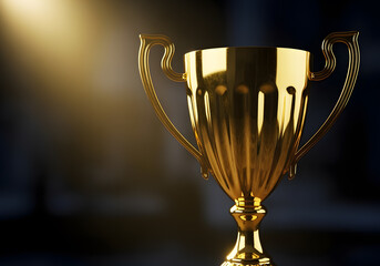 A shiny golden trophy with intricate details, illuminated by a soft light, set against a dark background. The trophy symbolizes achievement and success.