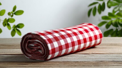 Red checkered tablecloth placed on wooden surface with clean white backdrop, mockup ready