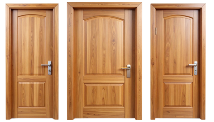Realistic wooden door design with smooth finish and elegant handle for interior and exterior use in home and office environments isolated on transparent background 