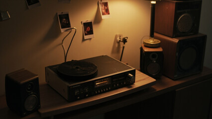 Vintage Audio Haven: A captivating glimpse into the past with a vintage audio setup, including a turntable, speakers, and a warm, ambient glow.
