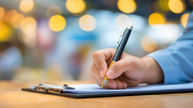 Stunning photo of person writing medical report clipboard pen, bokeh shot.