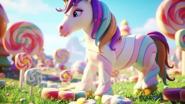 A whimsical unicorn in a candy-coated landscape. 