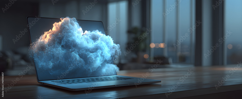 Poster the laptop displaying a holographic cloud computing interface in a modern workspace