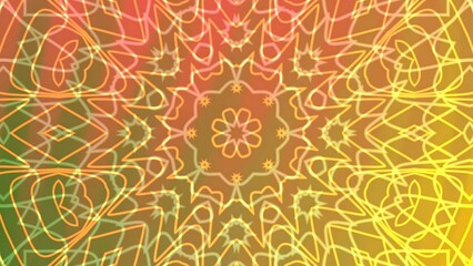 Desertcore A Vibrant Twist Geometric kaleidoscope pattern with radial symmetry and intricate line work in warm gradient colors