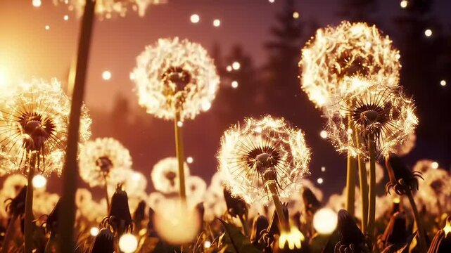 Illuminated Dandelions in Twilight