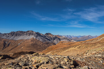 autumnal mountain landscape inside the Stelvio National Park along the Lombard side, Sondrio, Italy