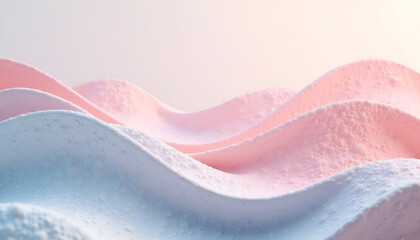 パステルブルーからピンクへと滑らかに変化する波状の立体フォルム｜柔らかな光に包まれた泡状テクスチャーが幻想的な風景を描く抽象ビジュアルアート