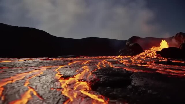 Molten Lava Flowing Across Dark Volcanic Landscape