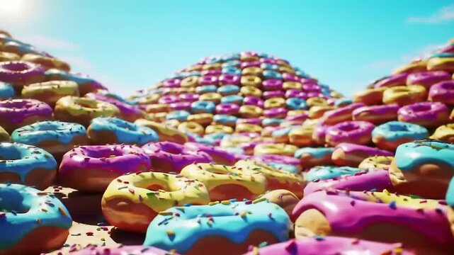 A mountain of colorful glazed donuts under a vibrant sky