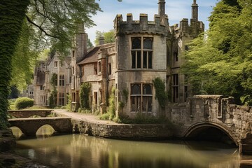 Ancient manor house with stone bridges and lush vegetation creates a tranquil scene in the english countryside