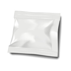 Blank white 3-side seal square sachet pouch. Realistic vector mockup. Plastic bag. 3d mock-up. Food, medical product single dose, cosmetic sample individual flat packet package. Template for design