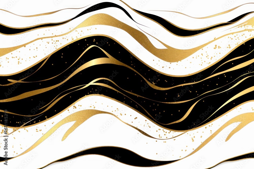 Poster abstract black and white wavy pattern with golden particles flowing, creating a luxurious and elegan