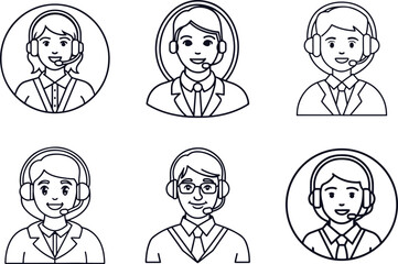 A professional set of call center agent icons. Line art avatars of male and female customer support representatives with headsets for business communication.