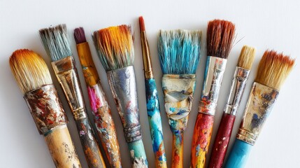 Top view of assorted paint brushes arranged on a white surface