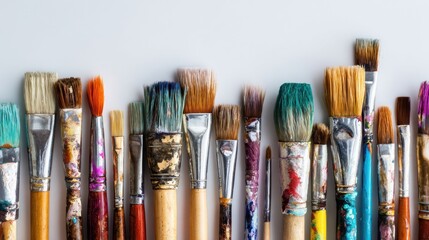Top view of assorted paint brushes arranged on a white surface