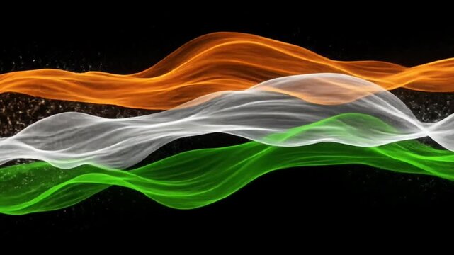 Dynamic Waving Indian Flag Animation with Glowing Silk Ribbons on Black Background. 4k Footage Background Animation Video