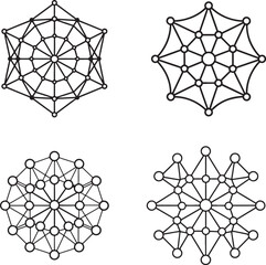 A set of four abstract geometric network patterns with nodes and connections, designed as minimalist mandalas. © Muhin
