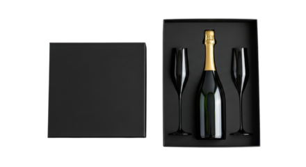 Black gift box with champagne bottle and champagne glasses isolated PNG with Transparent Background