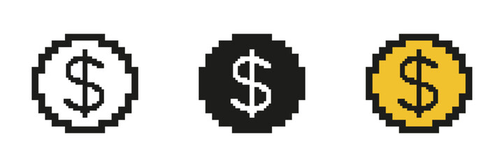 Pixel Art Dollar Symbol In Circle Icon Set. Pixelated Dollar Sign Inside Circle, Symbol Of Money Or Finance. Isolated Vector Illustration