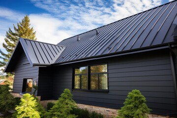 Contemporary house showcasing a sleek, dark exterior and a durable standing seam metal roof