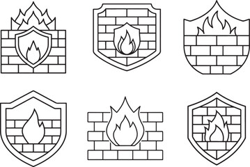 Set of firewall line icons representing cybersecurity concepts, featuring shield, brick wall, and fire symbols for digital protection.
