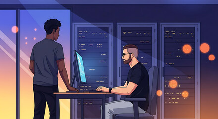 Two diverse software engineers collaborate on a project in a modern office with server racks visible through a large window showing a colorful sunset in the distance creating a warm inviting atmospher