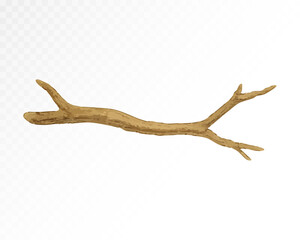Watercolor illustration of a dry brown tree branch with forked twigs, natural wood element without leaves, isolated on white. Vector illustration.