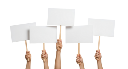 Hands holding blank signs for protest or advertisement isolated PNG with Transparent Background