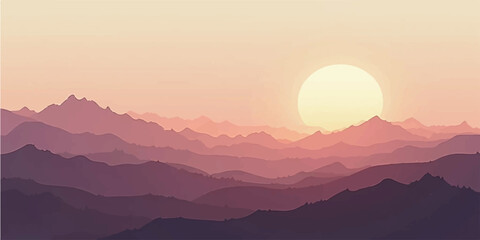 Sunset Over Layered Mountains with Cactus Silhouettes and Warm Desert Vector Scene © Robin