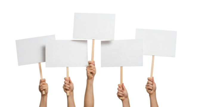 Hands holding blank signs for protest or advertisement isolated PNG with Transparent Background - Powered by Adobe