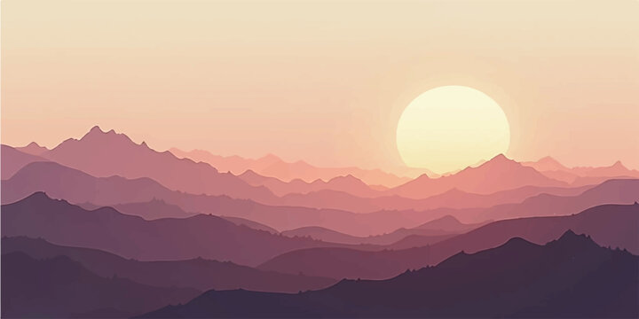 Sunset Over Layered Mountains with Cactus Silhouettes and Warm Desert Vector Scene
