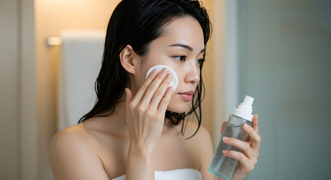 Young woman cleaning her face with cotton pad and toner