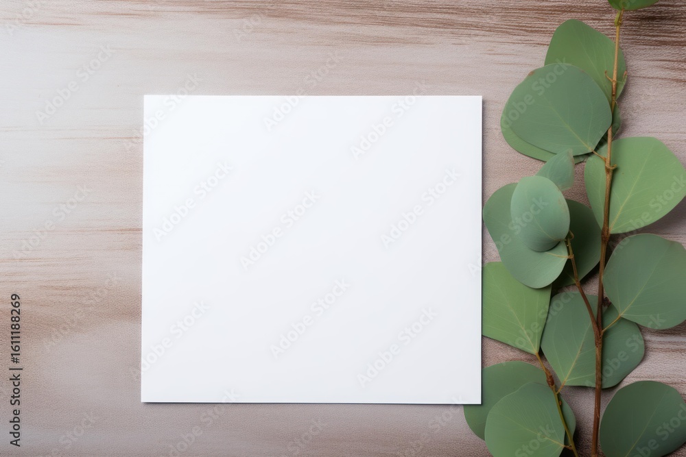 Poster white empty sheet with eucalyptus leaves on wooden background creating elegant and minimal compositi