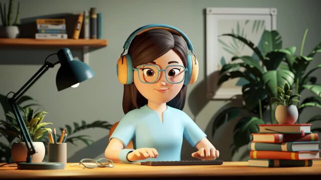 Animated Woman Typing at Desk in Home Office Environment