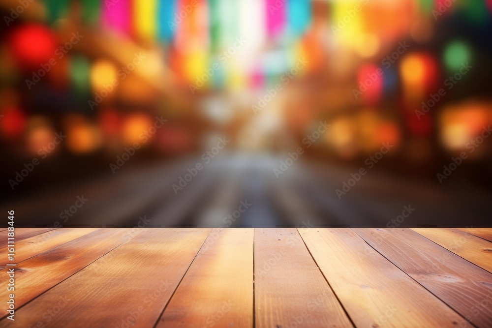 Poster festive background with empty wooden table and blurred colorful party flags and lights