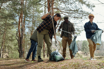 Group of multiethnic teenagers cleaning forest, collecting trash with grabbers and gloves, placing...