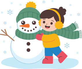 Happy child hugging snowman, winter snow scene, kids playing outside, cute snowman with hat and scarf, joyful winter activity, children outdoor fun, snowy weather illustration