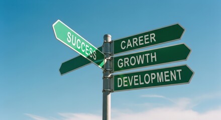 Fototapeta premium Crossroads of Success: Directional Signpost for Career, Growth, and Development Against a Clear Blue Sky