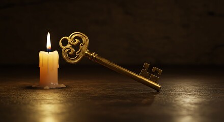 Golden Antique Key and Lit Candle on Wooden Surface in Warm Light