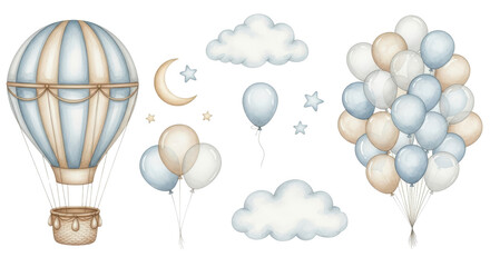 Watercolor illustration of hot air balloon, clouds and balloon bunch isolated PNG with Transparent Background