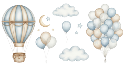 Watercolor illustration of hot air balloon, clouds and balloon bunch isolated PNG with Transparent Background