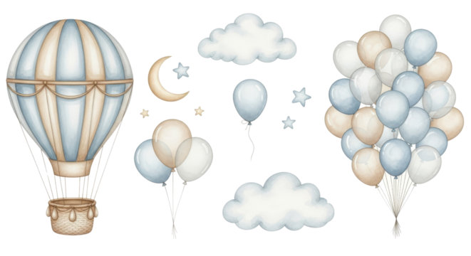 Watercolor illustration of hot air balloon, clouds and balloon bunch isolated PNG with Transparent Background